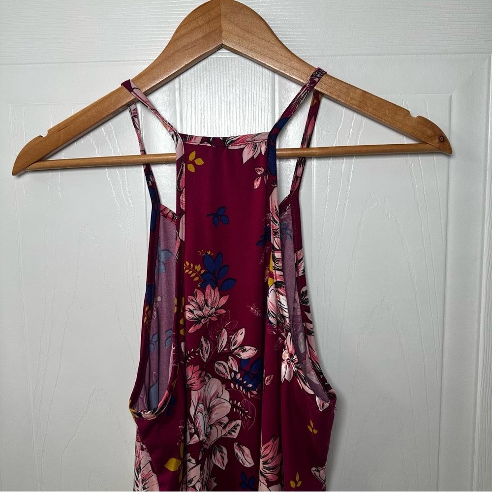 French Grey Burgundy Floral Mini Dress M Sleeveless Stretch - Picture 6 of 11